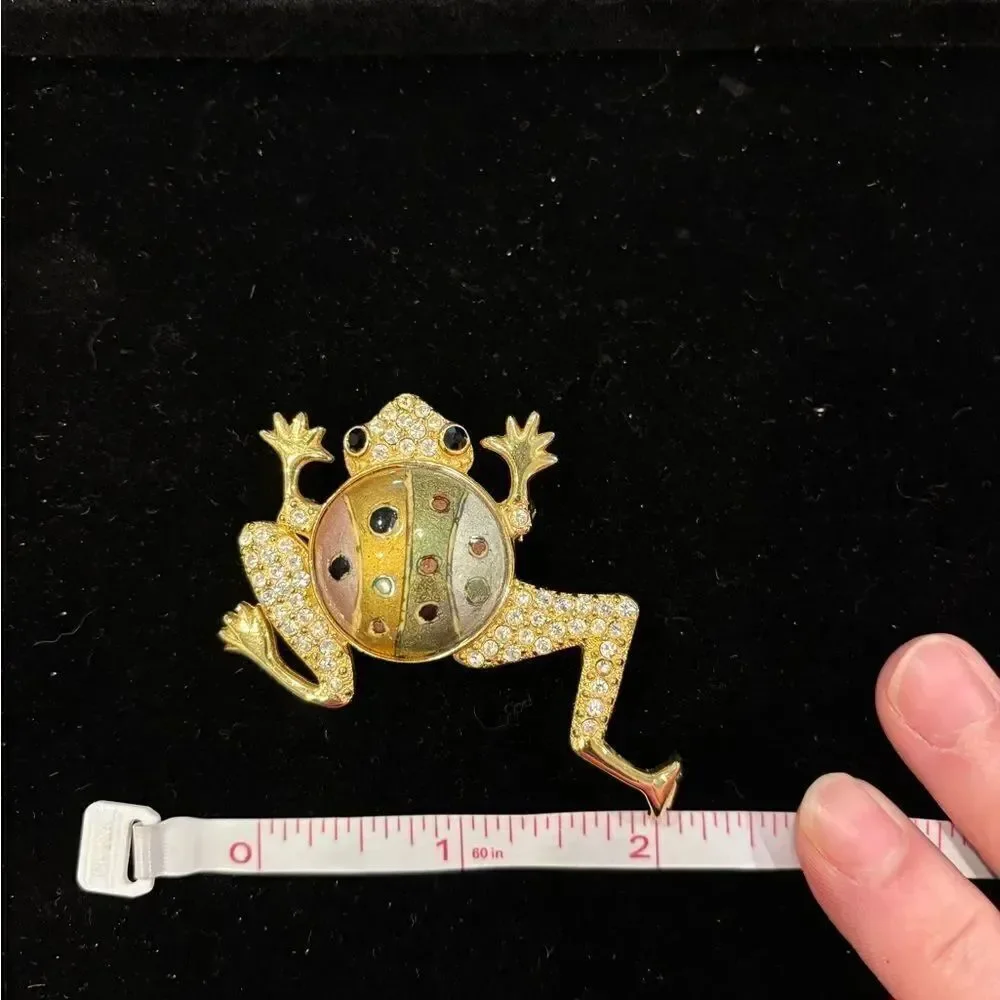 St. John Frog Brooch with Swarovski Crystals and Light Color Enamel Details